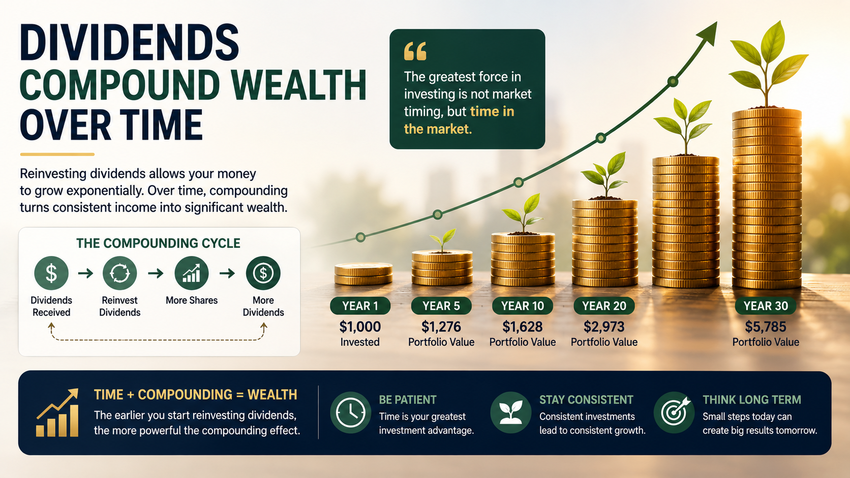 Compounding effect of dividend reinvestment shown through growing coin stacks and increasing investment value over time.