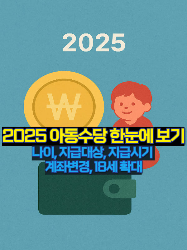 2025년 아동수당을 상징하는 일러스트 – 아이, 지갑, 지폐, 원화 동전 이미지