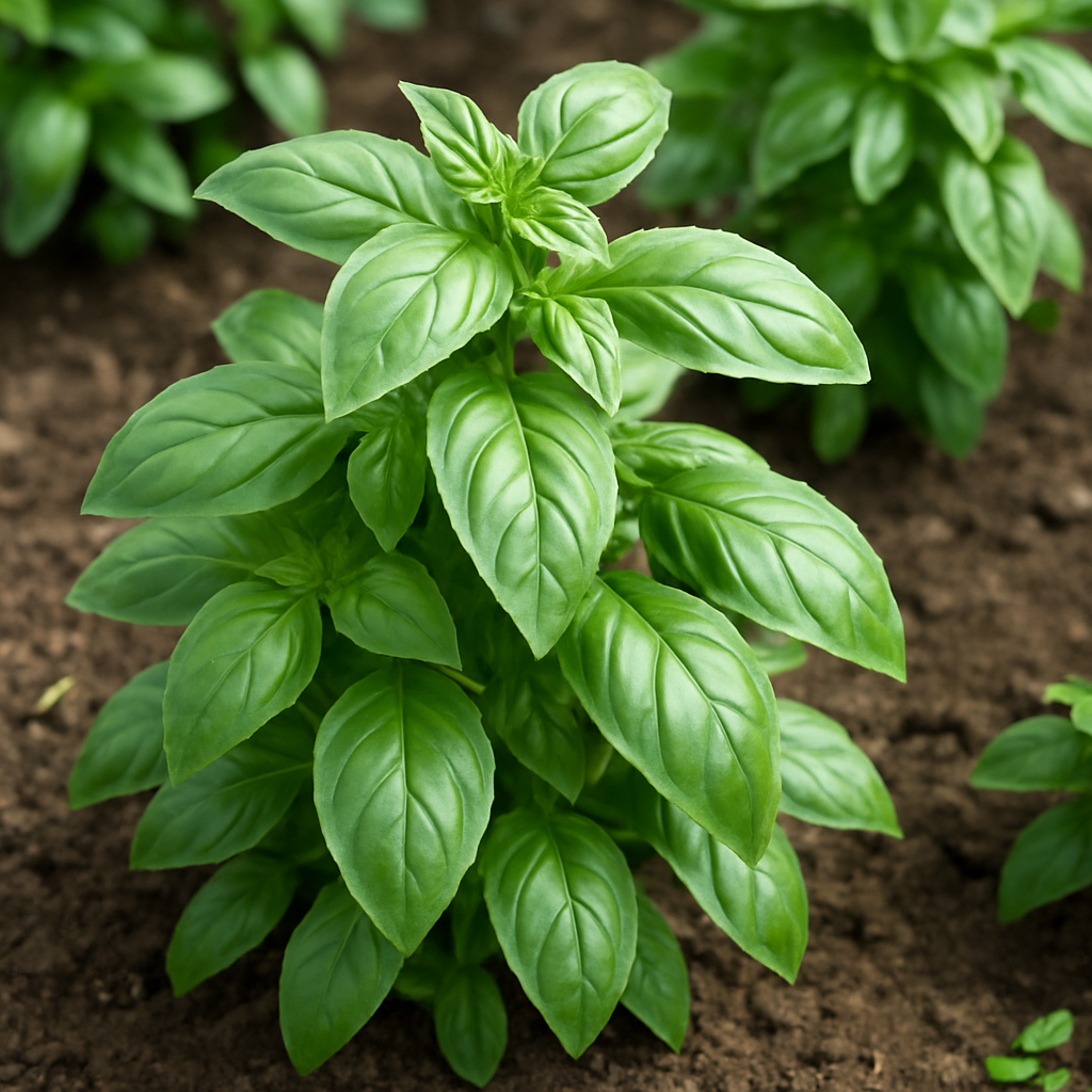 밭에서 자라는 싱싱한 바질 잎