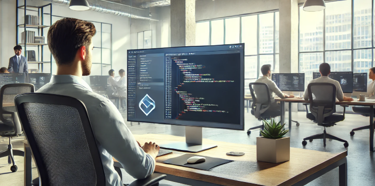 오피스 환경에서 개발자가 GitHub Copilot을 활용하는 모습 연출