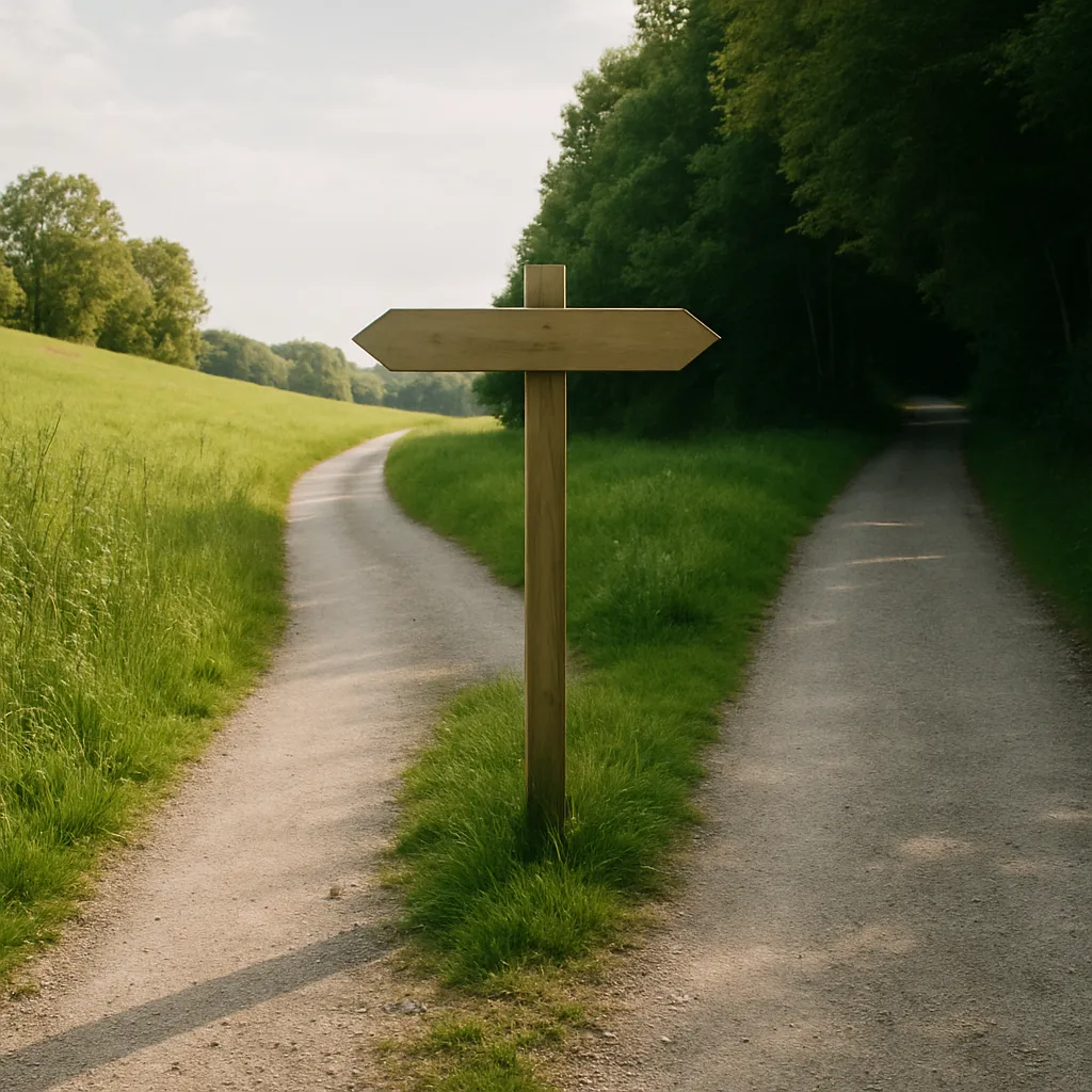 두 갈래로 나뉜 길과 방향을 가리키는 이정표