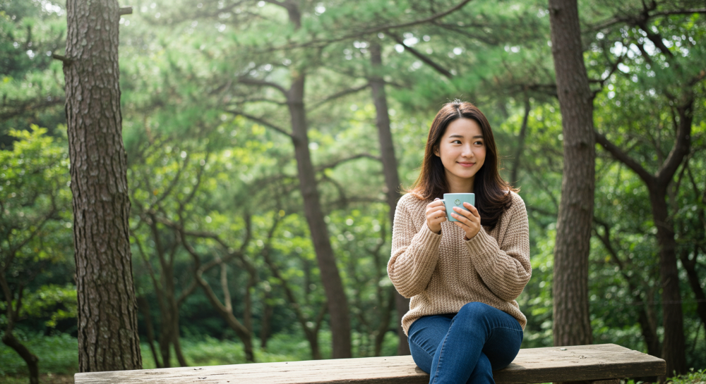 제주 숲속 벤치에 앉아 커피 마시는 한국인 여성의 평화로운 모습