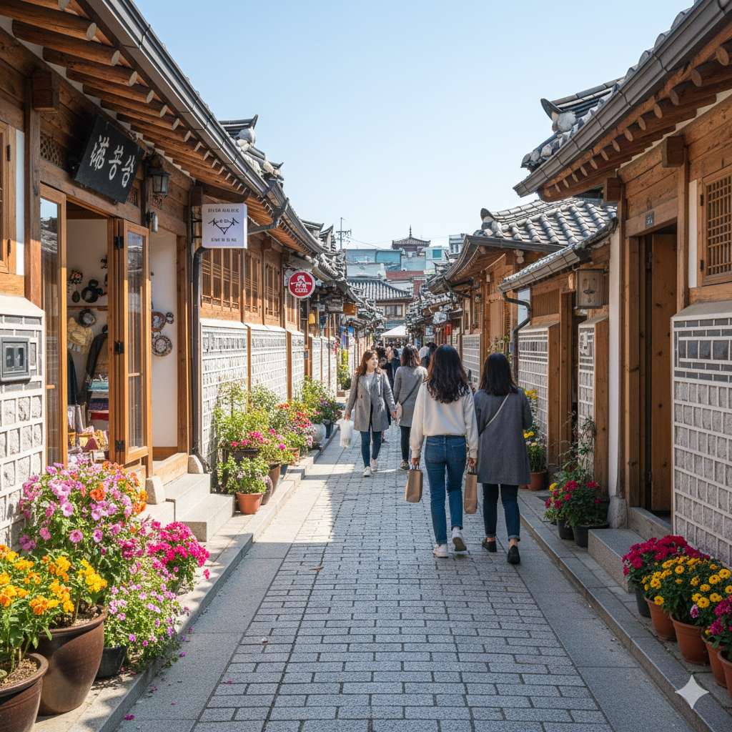 한옥의 처마와 현대적인 갤러리 통창이 조화를 이루는 서촌의 세련된 거리