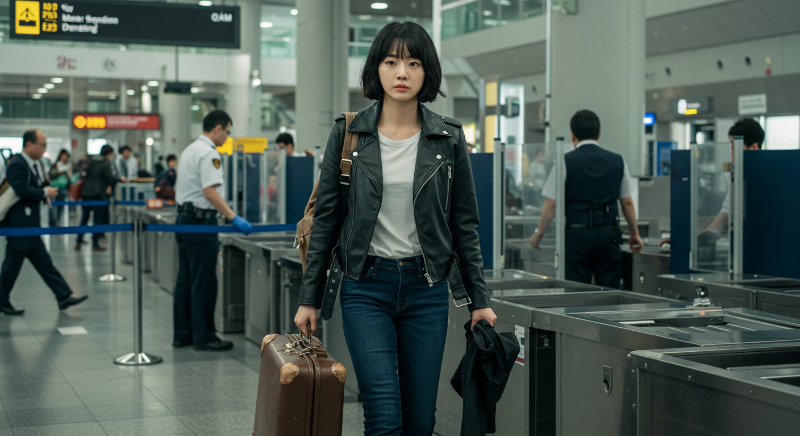 공항 보안 검색대를 여유롭게 통과하는 여행객.