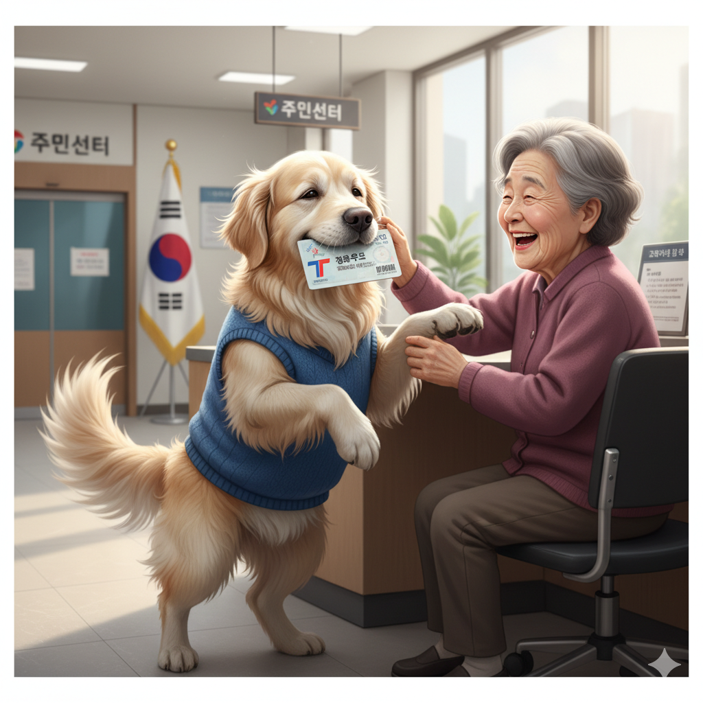 주민센터에서 노인 교통카드 발급 받는 할머니와 직원