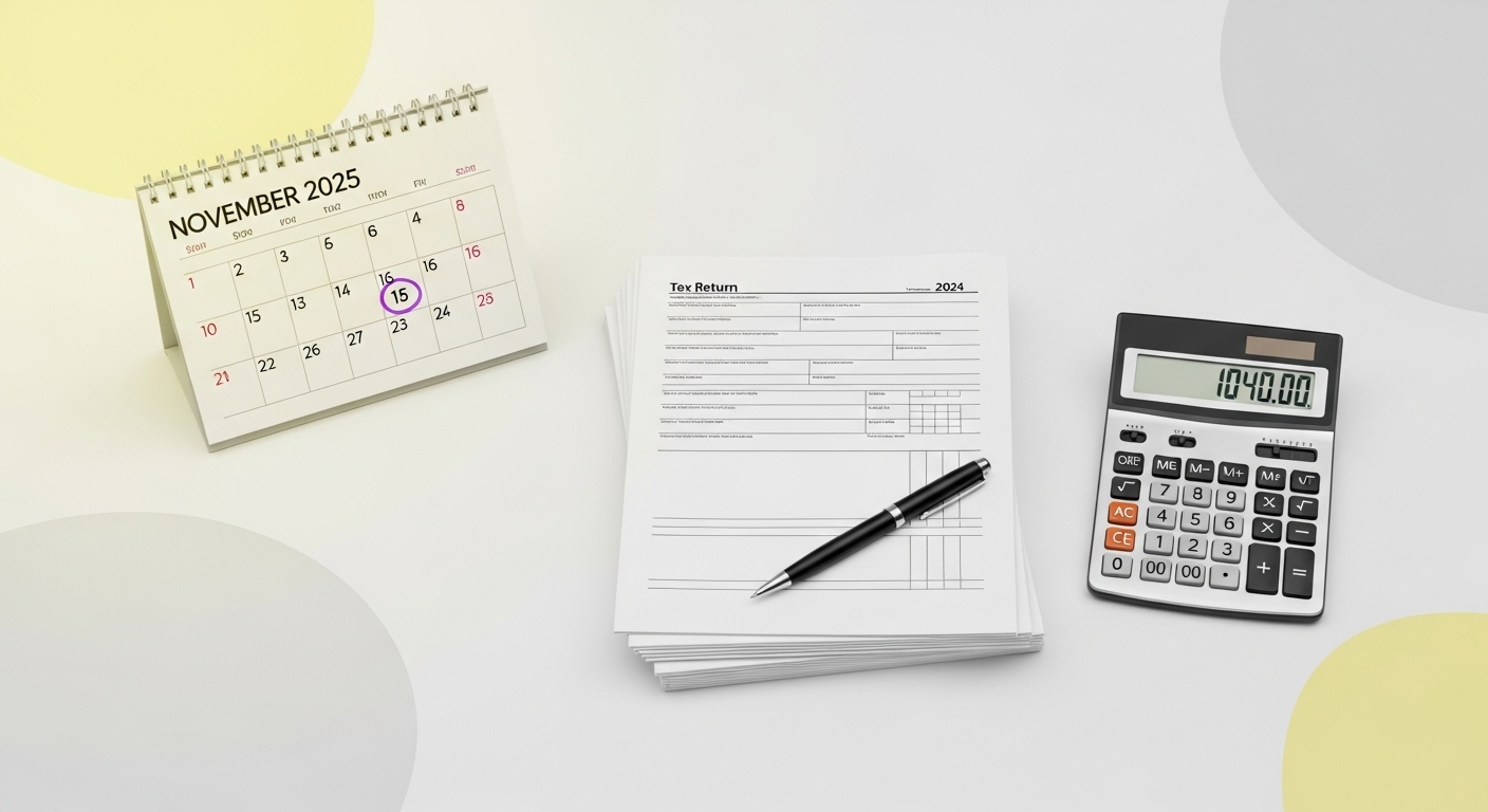 2025년 11월이 강조된 달력과 함께 종합소득세 중간예납 서류와 계산기가 놓여 있는 모습. 개인사업자의 현명한 세금 관리를 상징합니다.