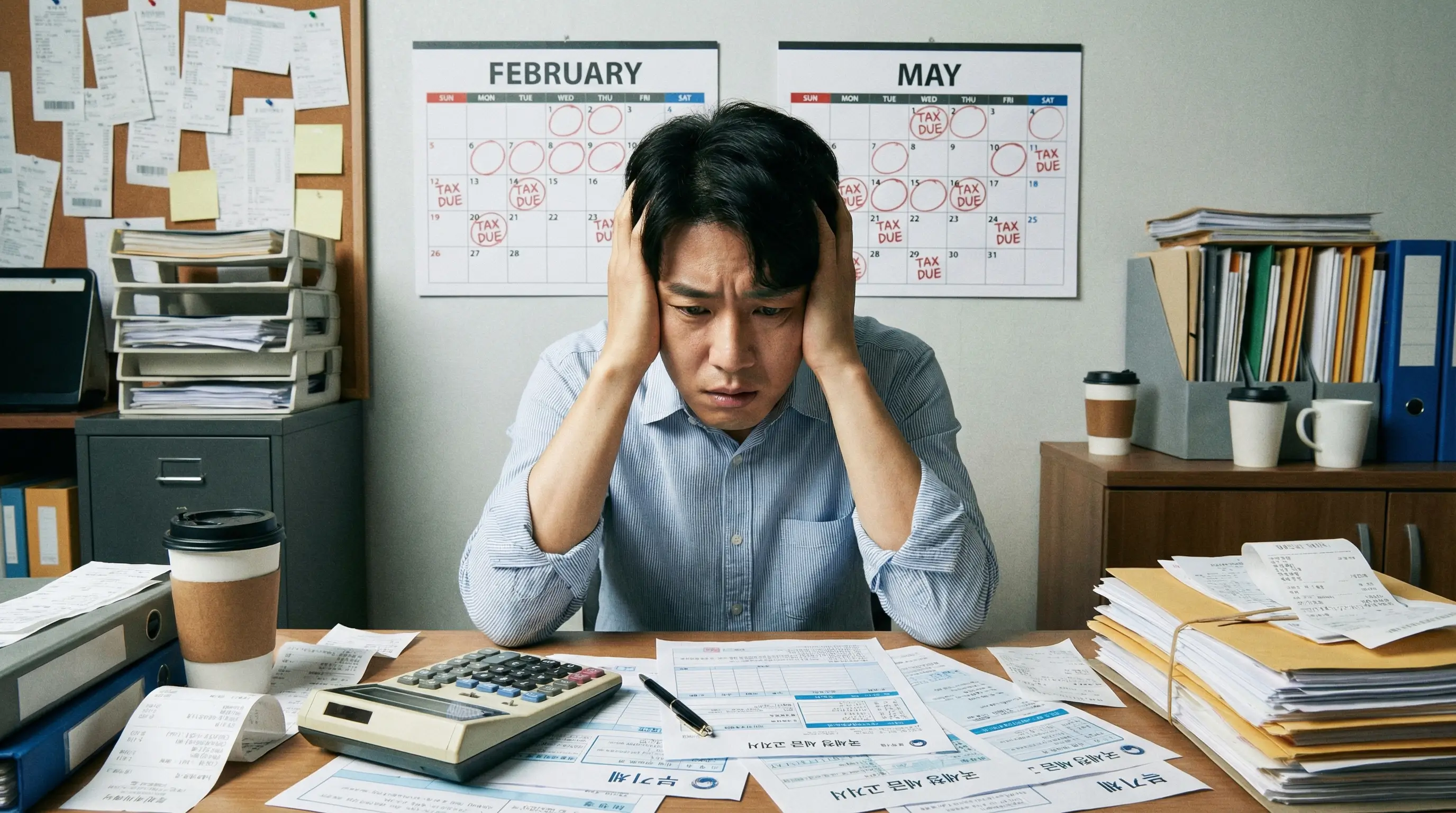 달력의 2월과 5월을 번갈아 보며 혼란스러워하는 개인사업자가 계산기와 세금 고지서 앞에서 고민하는 모습