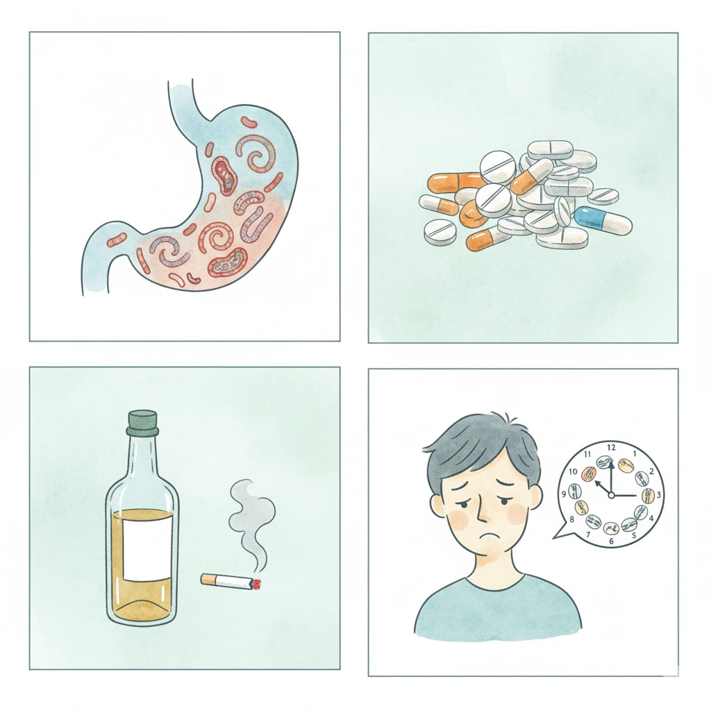 위염 원인 4가지 - 헬리코박터균, 진통제, 음주흡연, 스트레스
