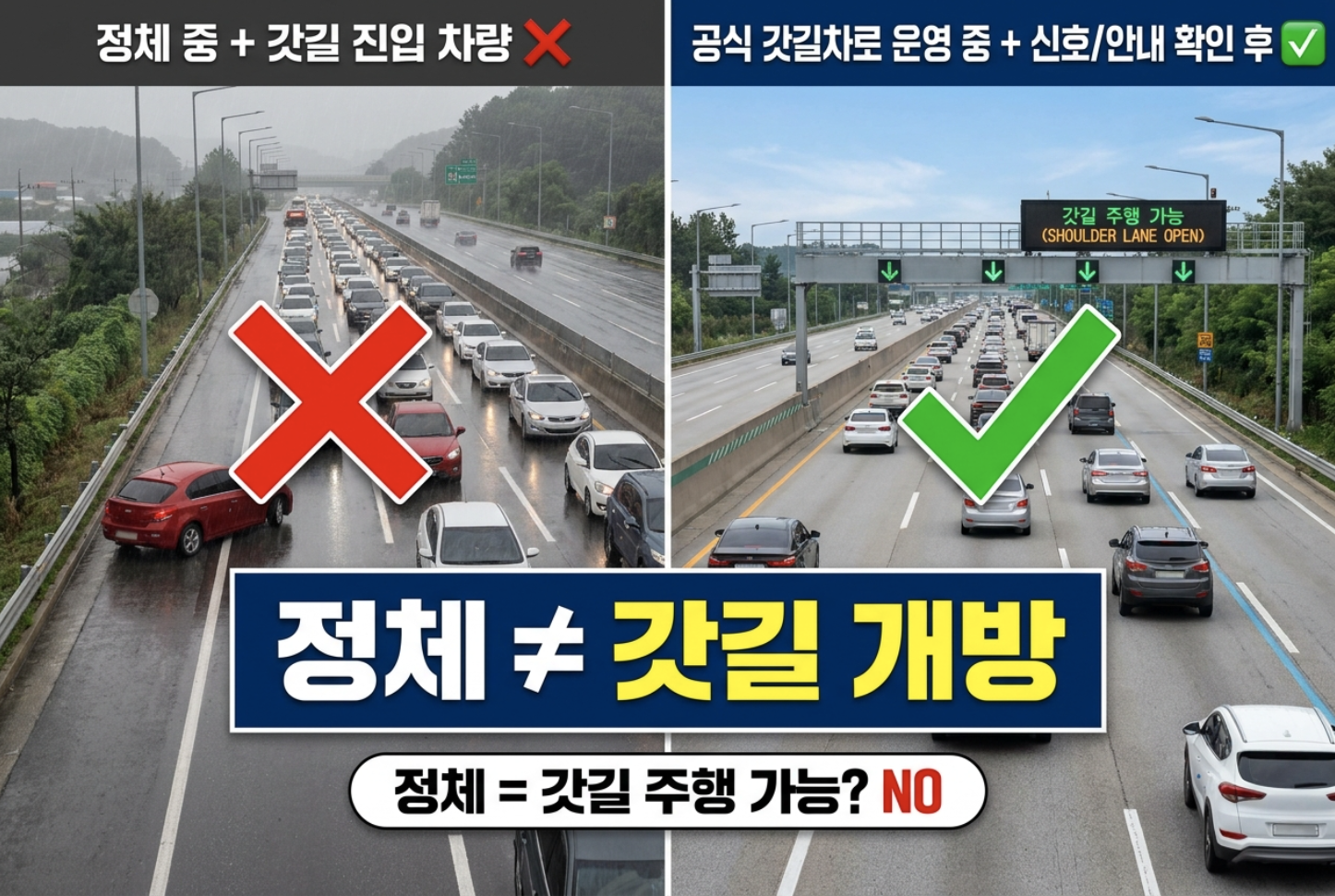고속도로 정체 상황이더라도 공식 갓길차로 운영 신호가 없으면 임의 주행하면 안 된다는 비교 이미지