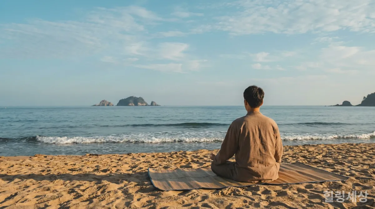 고요한 한국 해변에서 명상하며 마음의 평화를 찾는 사람의 모습