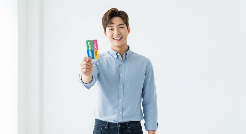 카드 들고 환하게 웃는 청년