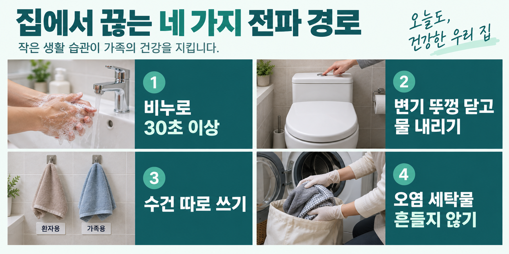 실사 4분할: 비누로 손씻기, 닫힌 변기 뚜껑과 물내리기, 환자용·가족용 수건 구분, 장갑을 끼고 오염 세탁물을 흔들지 않고 이동.