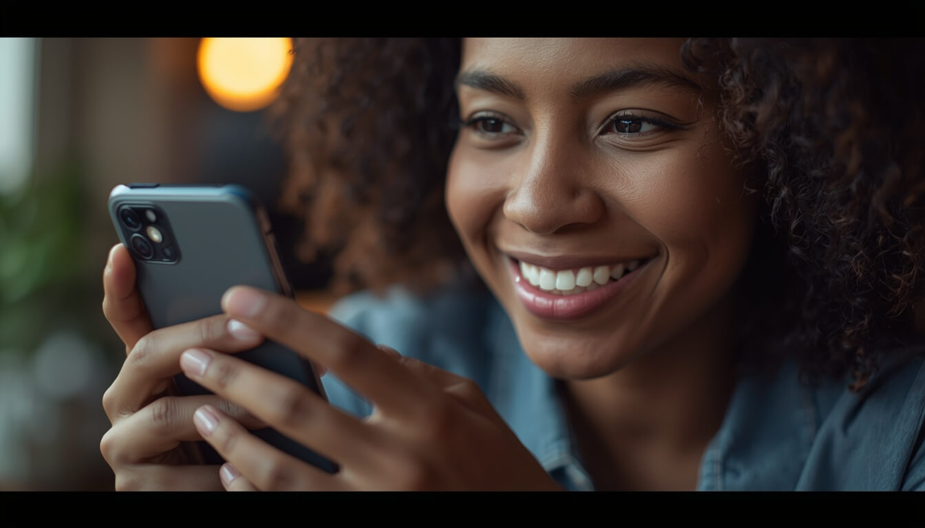 휴대폰으로 환급 성공 알림을 확인하며 기뻐하는 모습