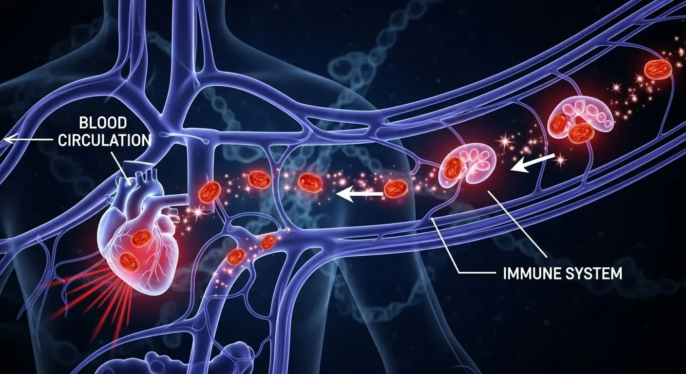 대추가 혈액순환과 면역력에 긍정적인 영향을 주는 모습을 시각적으로 표현한 건강 정보 이미지.