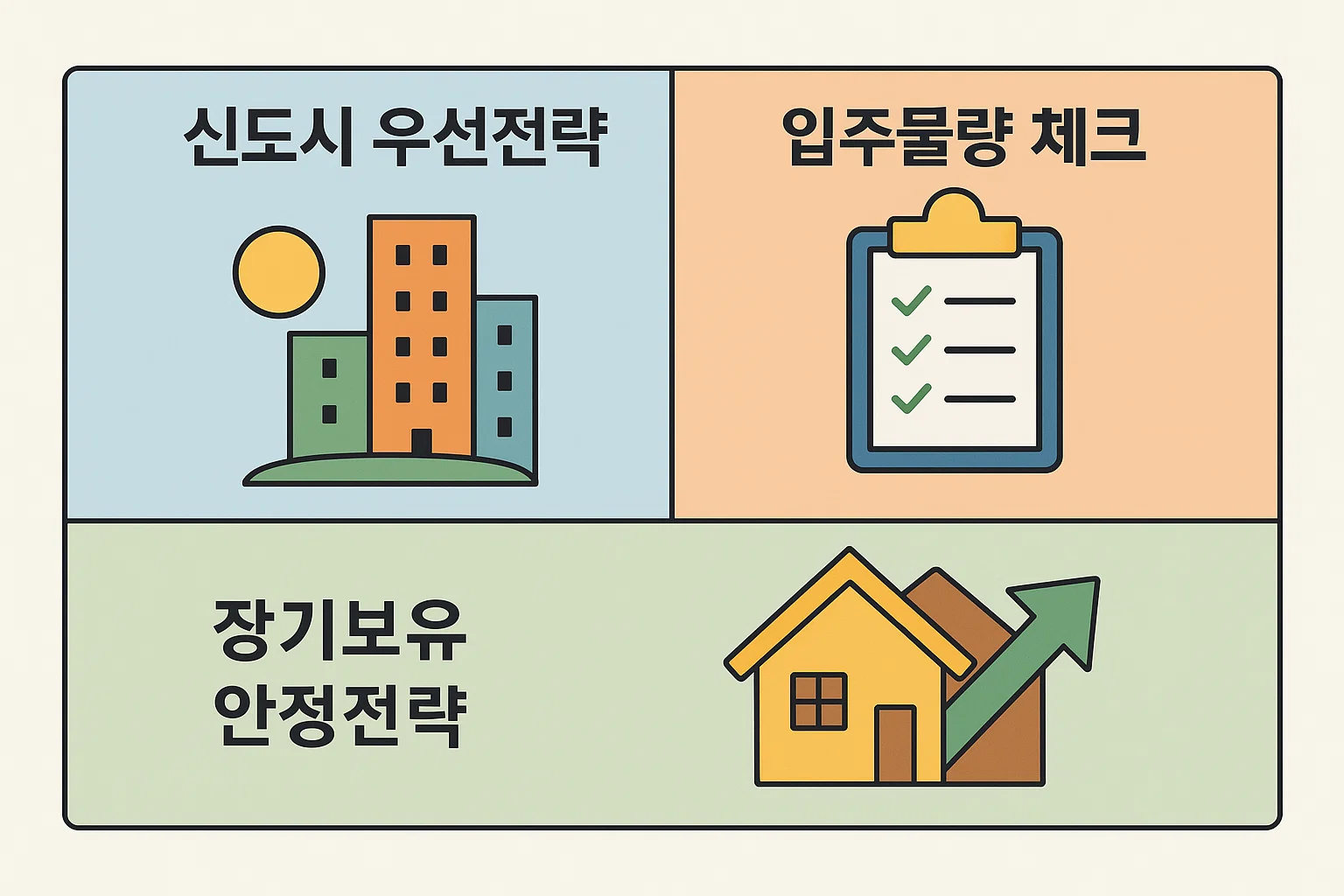 인천 신도시 우선전략과 장기보유 안정전략을 중심으로 향후 부동산 시장 흐름과 입주물량 체크 포인트를 제시한 2025 인천아파트 투자 전략 인포그래픽입니다.