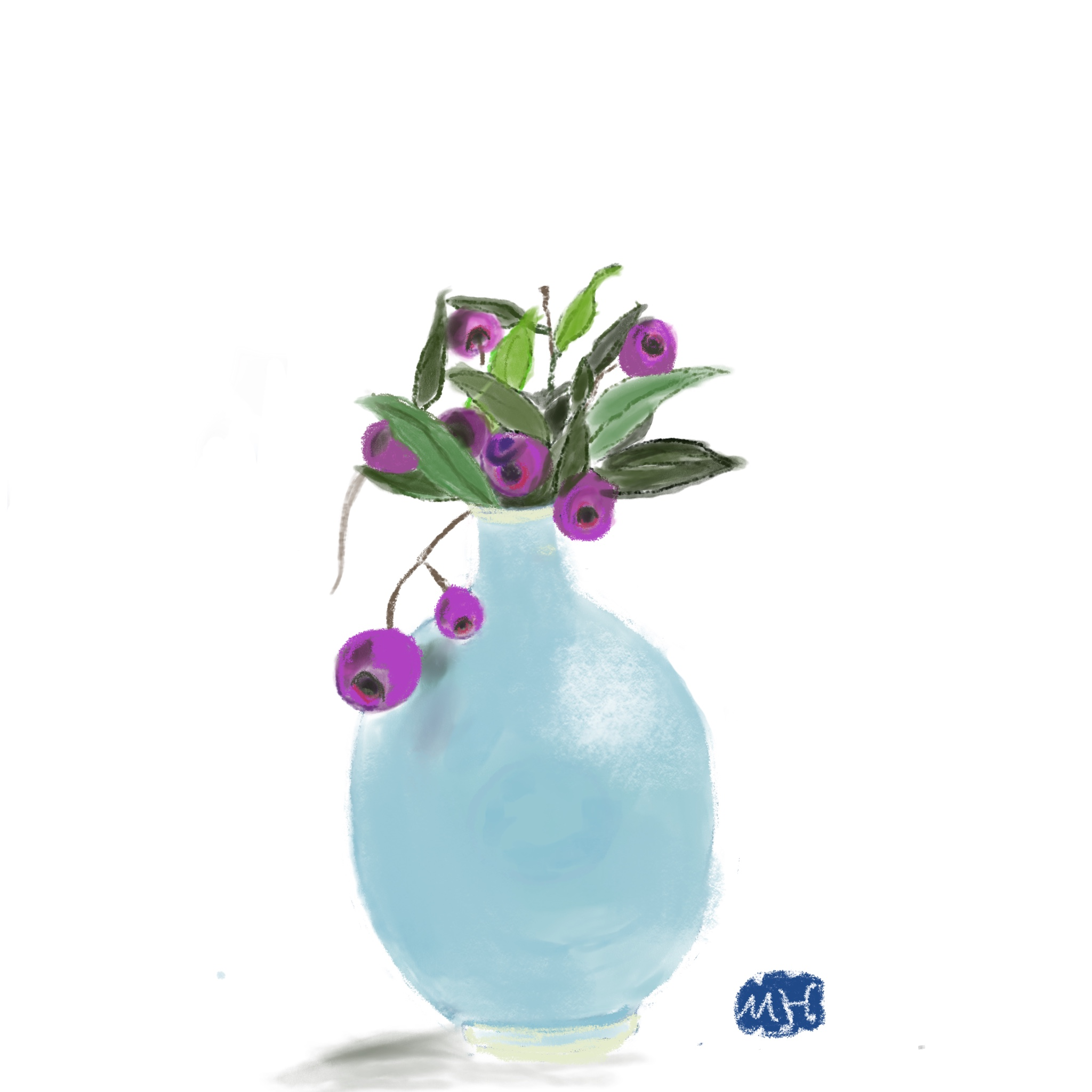 화병속에 꽃힌 블루베리와 나뭇가지