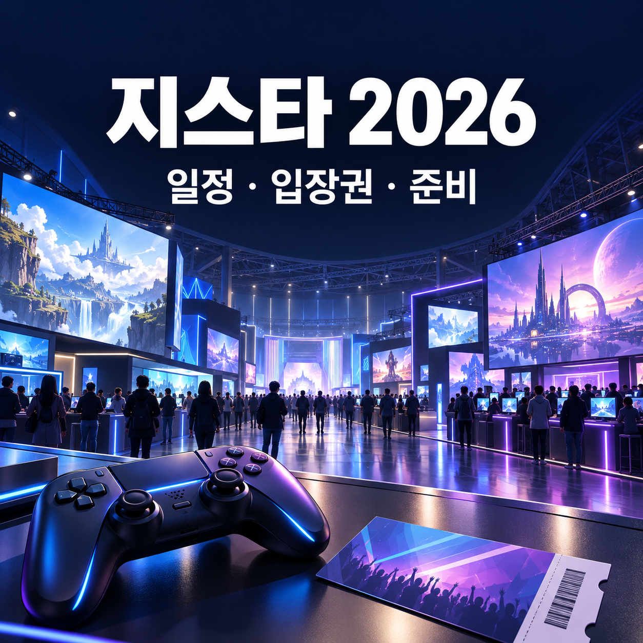 게임 전시장과 컨트롤러를 그린 지스타 2026 일정 및 입장권 안내 썸네일