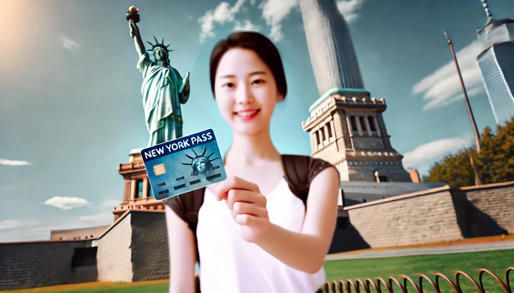 자유의 여신상과 뉴욕패스를 들고 있는 여행자의 모습
