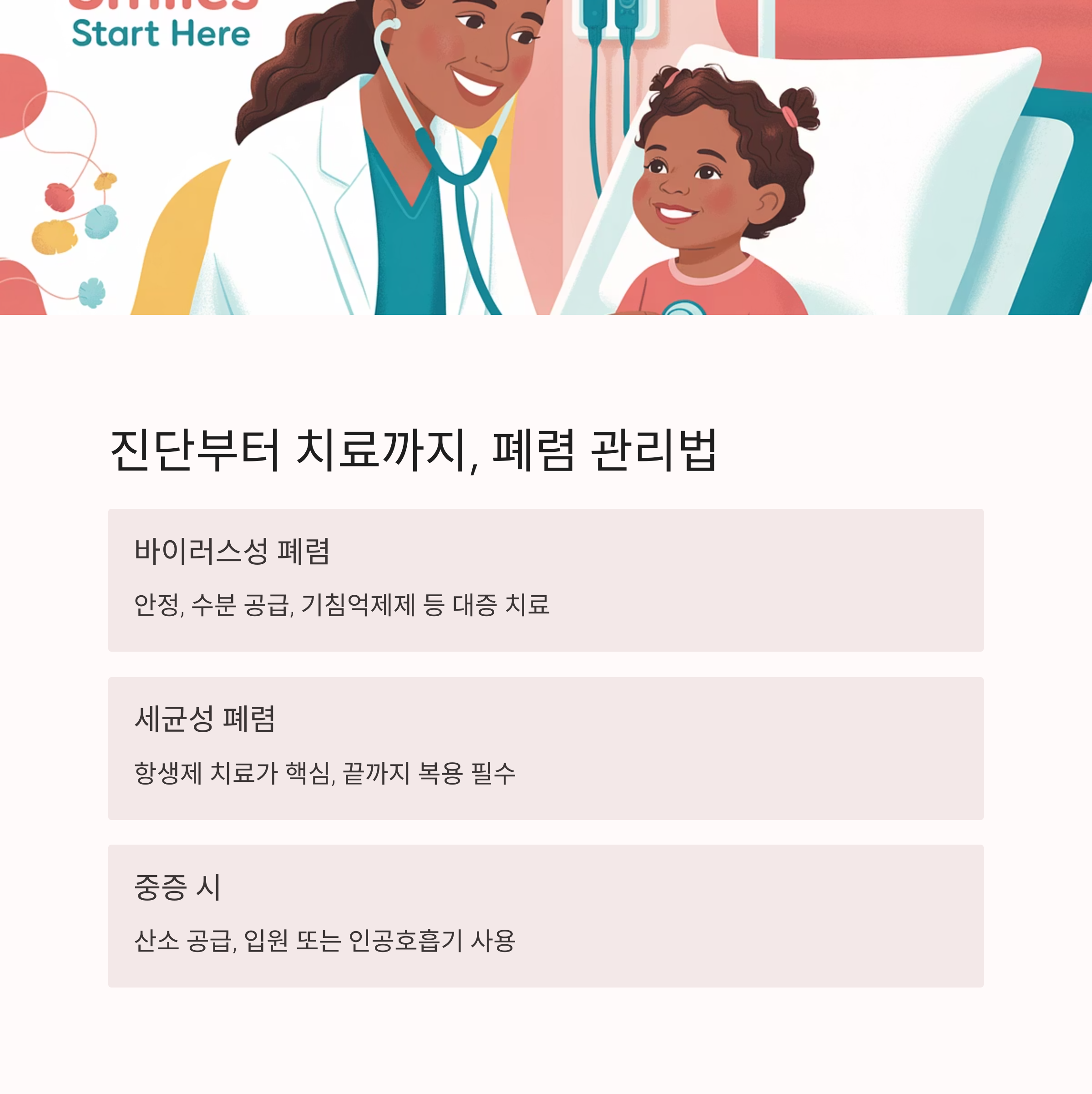 바이러스성/세균성/중증 시 소아 폐렴의 관리 방법과 치료 원칙을 설명하는 인포그래픽 이미지