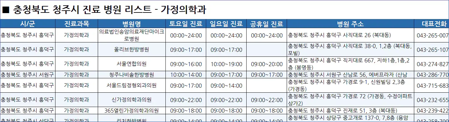 청주시-일요일-진료병원-리스트-예시