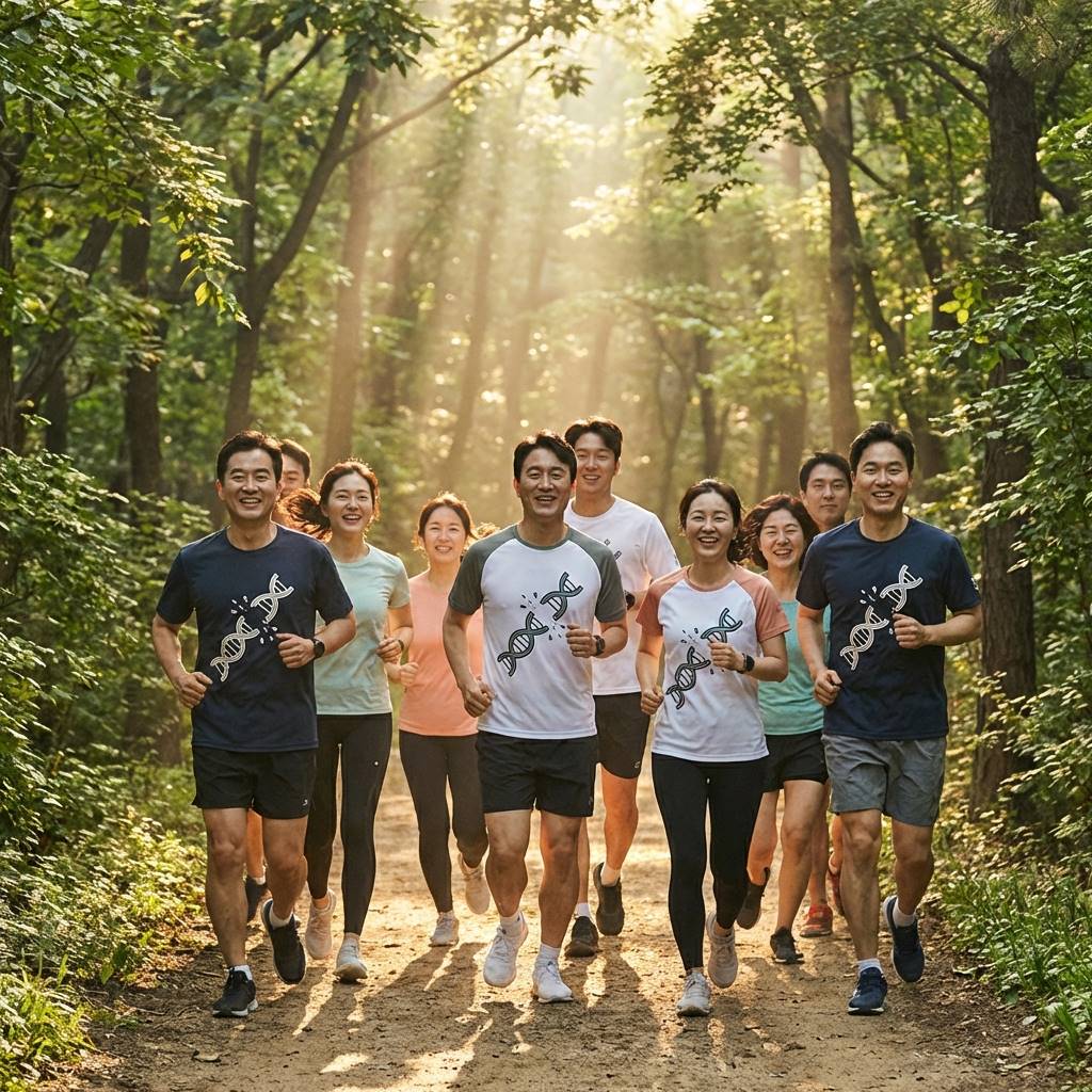숲길을 달리는 건강한 한국인 남녀