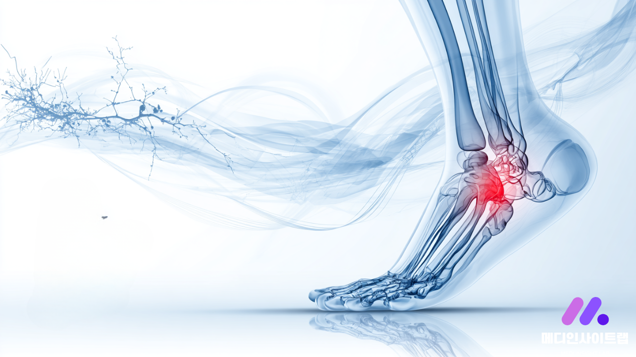 통풍으로 인해 엄지발가락 관절이 붓고 통증이 발생하는 모습