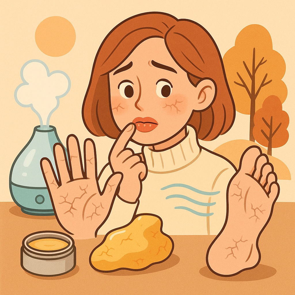 겨울철 손·발·입술의 건조증으로 힘들어하는 여성의 이미지