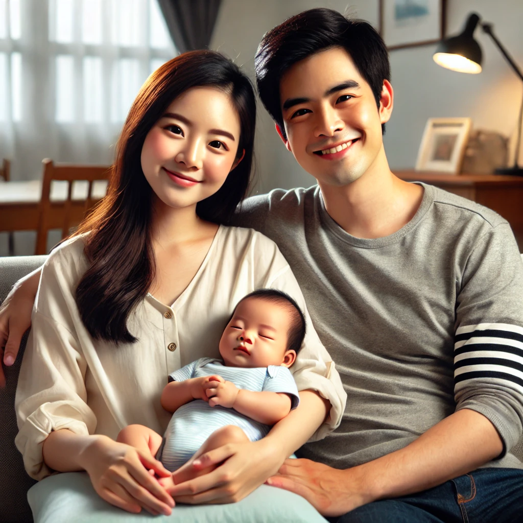 30대 후반의 한국 부모가 소파에 앉아 아기를 안고 따뜻하게 웃고 있는 모습, 아기가 평화롭게 부모의 품에 안겨 있으며, 아늑하고 부드럽게 조명이 비추는 가정 내부
