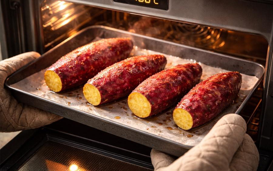 Gloved hands pulling out a baking sheet filled with four hot, perfectly baked sweet potatoes from a warm oven