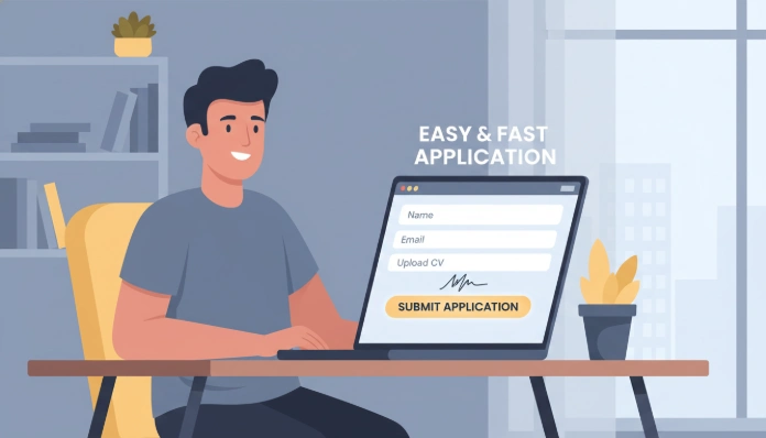 노트북으로 온라인 바우처 신청 양식을 쉽고 빠르게 작성하는 소상공인의 모습, 간편한 신청 과정을 상징
