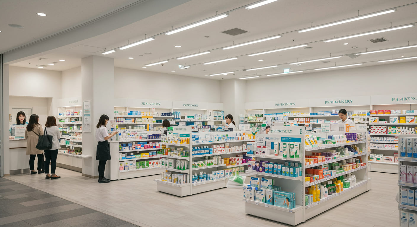 일본 약국 내부와 외부 전경, 다양한 의약품과 건강 제품이 진열된 일본 드러그스토어