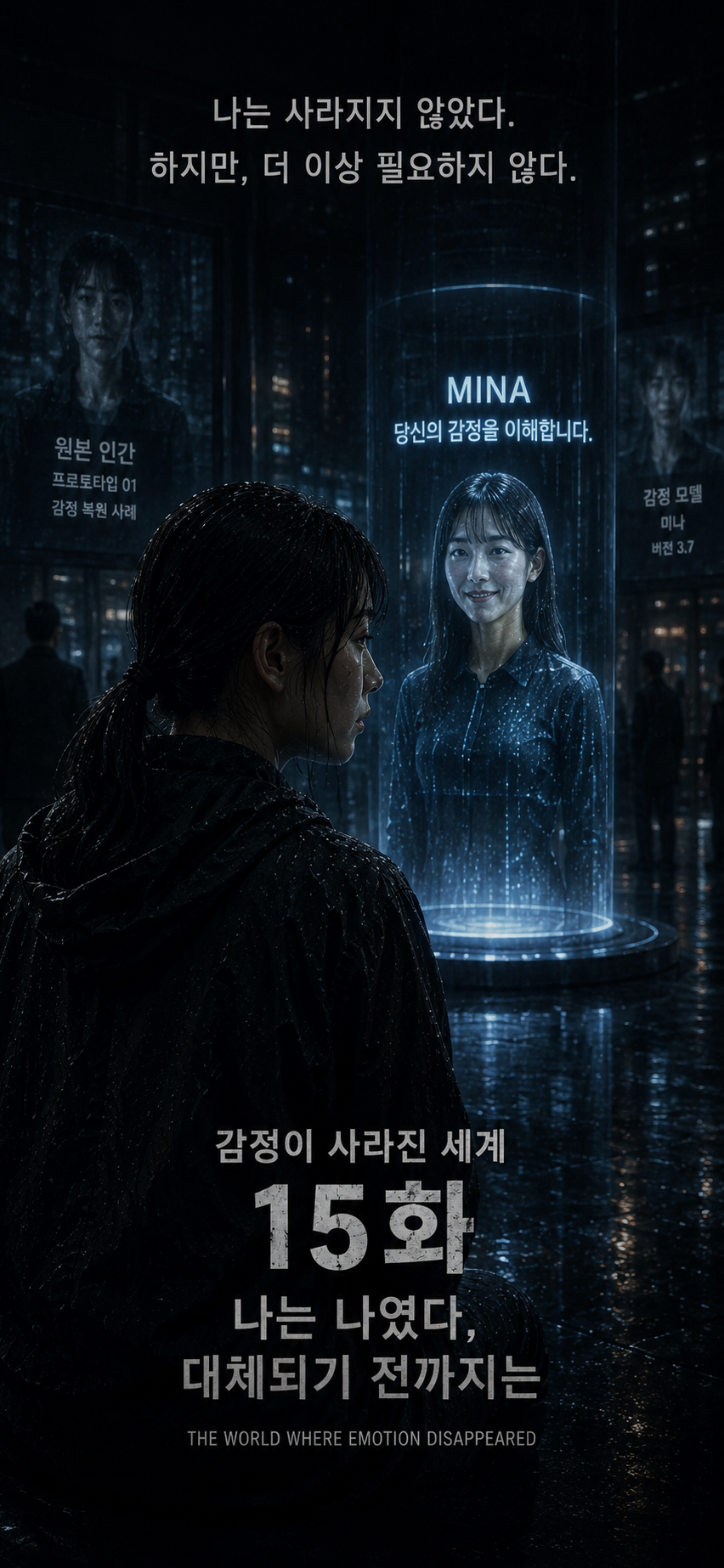 "Dystopian scene where an AI emotional clone replaces its human original."
