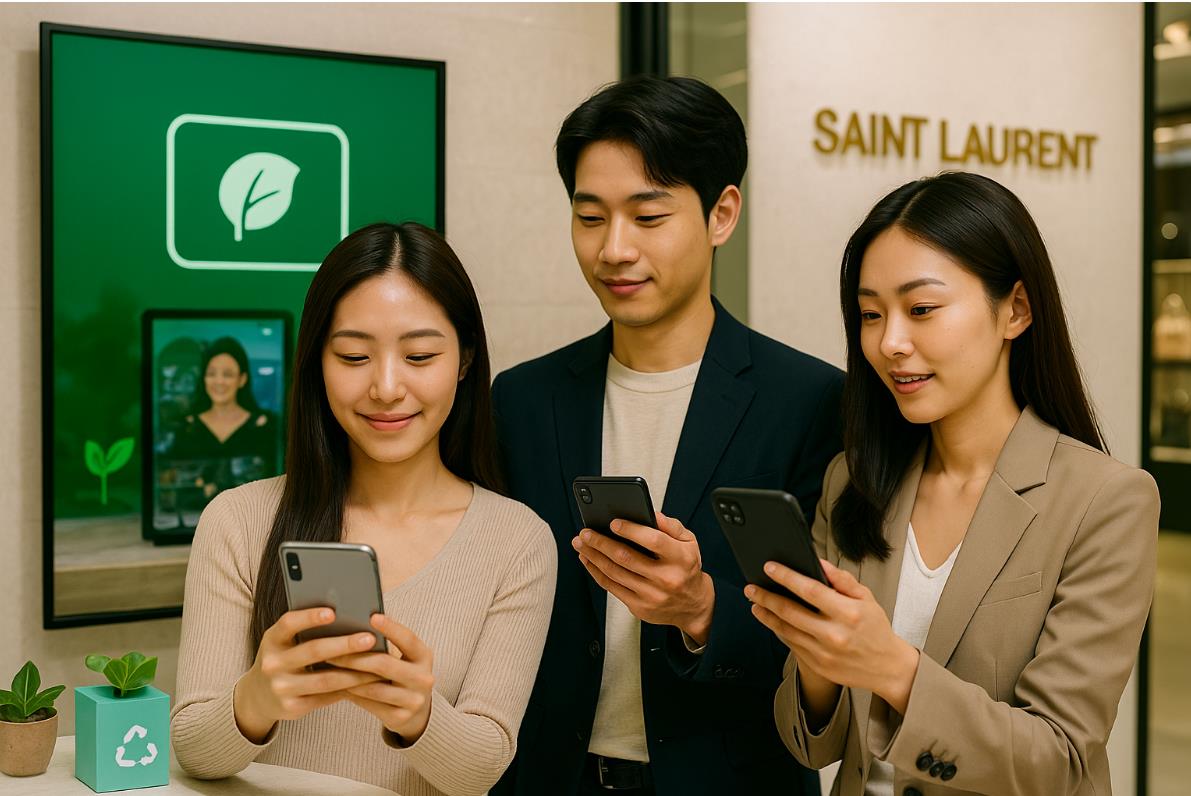 플래그십 스토어에서 소비자들이 스마트폰으로 명품 브랜드 이벤트에 참여하고, 옆 스크린에 친환경 심볼과 스토리 콘텐츠가 표시된 장면.