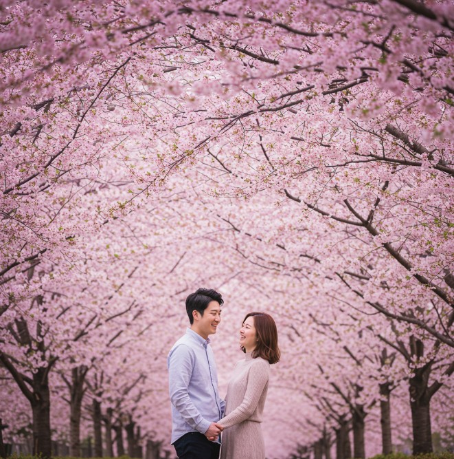 두연인이 벚꽅터널에서 사진을 찍는 이미지