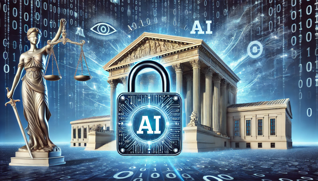 이미지 출처: AI 생성 이미지(콘텐츠 이해를 돕기 위한 시각 자료. 실제 인물을 특정하지 않은 AI 생성 이미지)
AI 시대의 법과 정의를 상징하는 이미지. 정의의 여신상과 법원 건물을 배경으로, AI 데이터 시대의 위험을 통제하는 자물쇠가 중앙에 배치되어 있다. 이는 AI의 투명성, 권리 보호, 기술과 법의 균형 잡힌 발전을 강조한다.