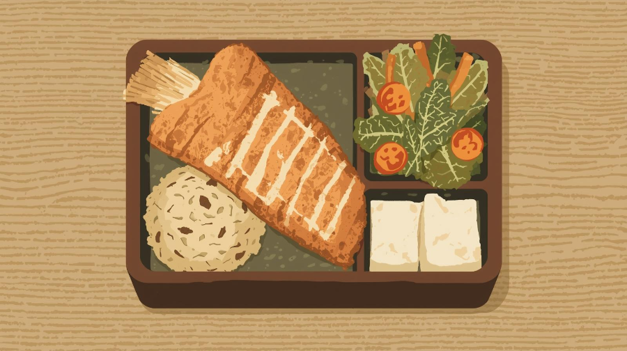 도시락에 담긴 현미밥, 생선구이, 두부, 신선한 샐러드 이미지