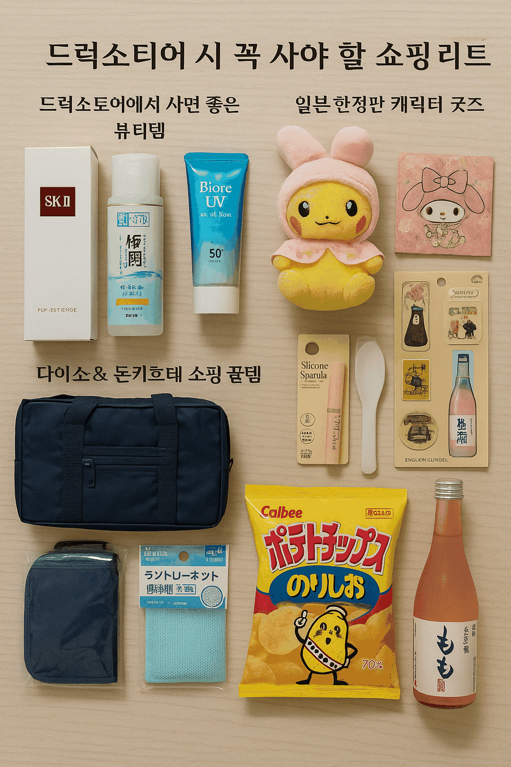 일본 드럭스토어 뷰티템, 한정판 캐릭터 굿즈, 다이소·돈키호테 쇼핑 아이템이 깔끔하게 정리된 실사 이미지