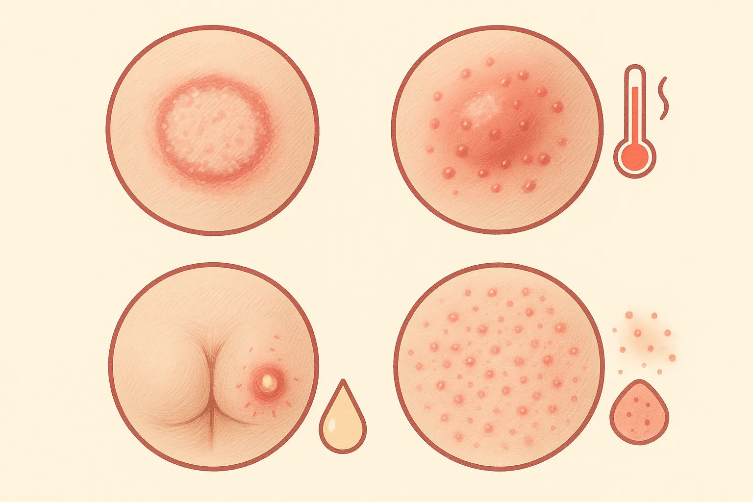 곰팡이 감염(붉은 테두리와 진물), 세균성 피부염(발열·통증 아이콘), 항문 농양(고름 표시), 알레르기 반응(붉은 발진)