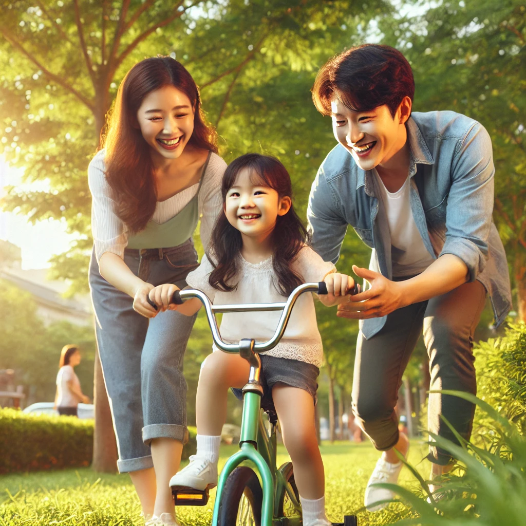 푸른 공원에서 딸이 처음으로 보조 바퀴 없이 자전거를 타려는 모습을 부모가 응원하며 지켜보는 장면