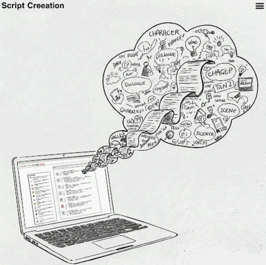 연한 회색 바탕에 검은색 선으로 그려진 노트북과 말풍선 그림입니다. 노트북은 왼쪽 하단에 위치해 있으며 화면에는 다양한 텍스트와 아이콘들이 작게 보입니다. 노트북 키보드와 터치패드도 간략하게 묘사되어 있습니다. 노트북 화면에서 마치 연기처럼 피어오르는 커다란 말풍선은 오른쪽 상단으로 향하고 있으며, 내부에는 "CHARACTER", "DIALOGUE", "SCENE", "SILENCE" 등 대본과 관련된 다양한 단어와 아이콘, 메모들이 손으로 그린 듯 자유롭게 배치되어 있습니다. 말풍선의 윗부분은 구름 모양을 하고 있습니다. 왼쪽 상단에는 검은색 글씨로 "Script Creeation"이라고 적혀 있습니다.