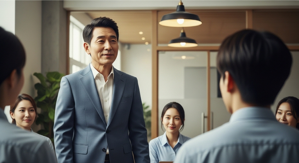 직원들과 함께 크레딧 활용 후 회의 중인 대표