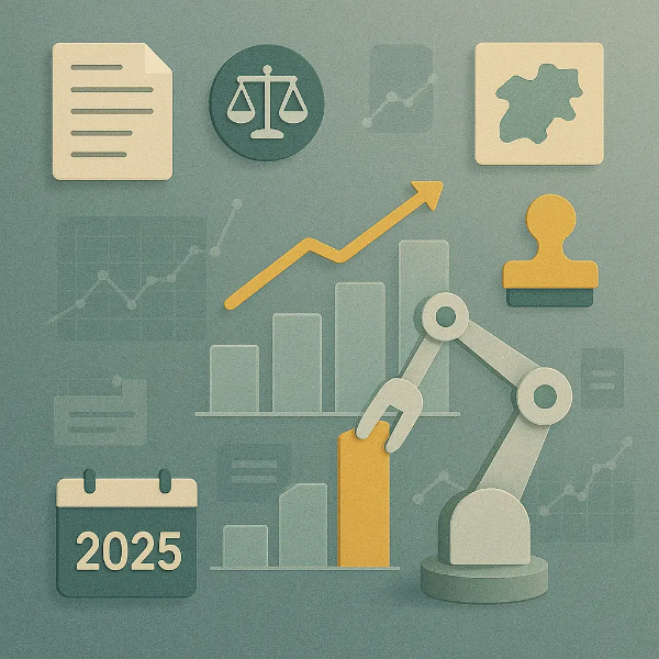 로봇팔이 그래프를 조작하며 2025 금융 정책 변화를 상징하는 일러스트