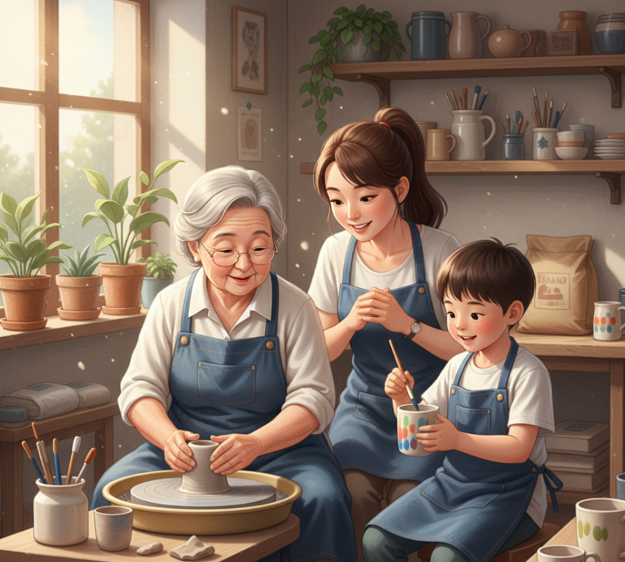 치매어르신과 공방에서 같이 프로그램을 하는 가족