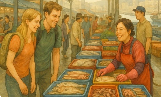 외국인 고객을 맞이하는 자갈치시장 상인 관련 이미지
