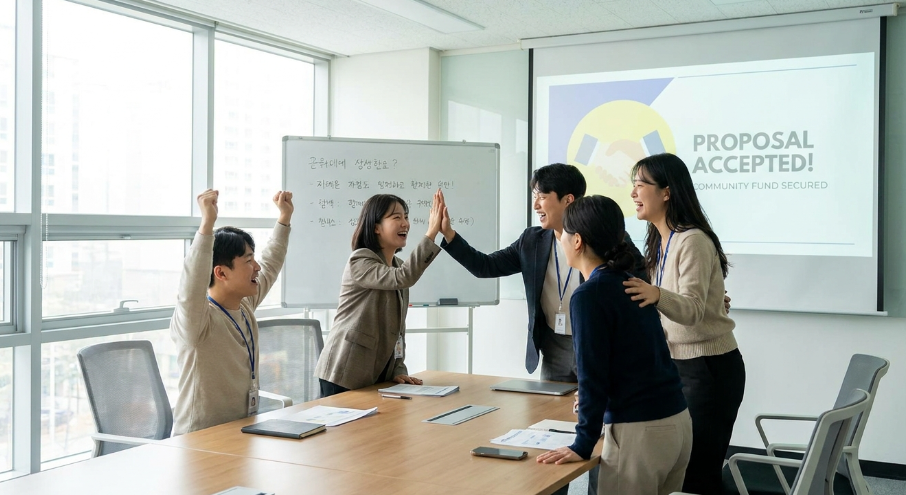 성공적으로 선정을 마치고 팀원들과 하이파이브를 하는 사회복지사들
