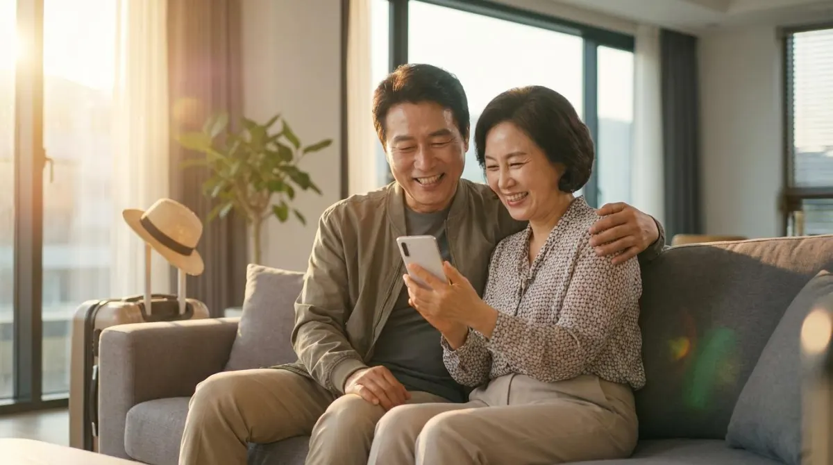 스마트폰으로 완성된 여행 일정을 확인하며 환하게 웃고 있는 5060 한국인 부부의 모습