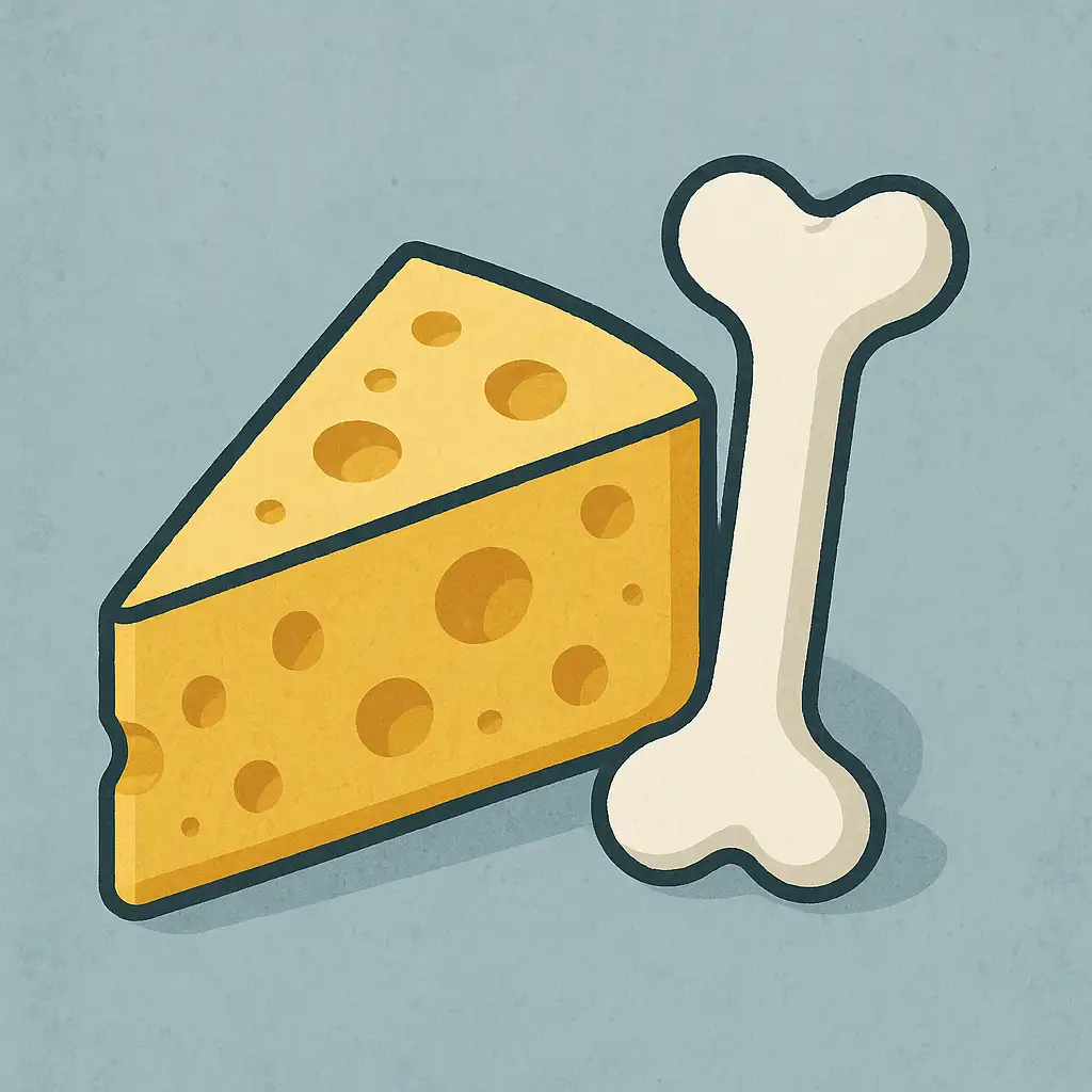 노란-치즈와-하얀-뼈가-함께-배치된-이미지로,-치즈에-풍부한-칼슘과-단백질이-뼈의-강도와-건강-유지에-도움을-주는-점을-상징적으로-표현한-그림