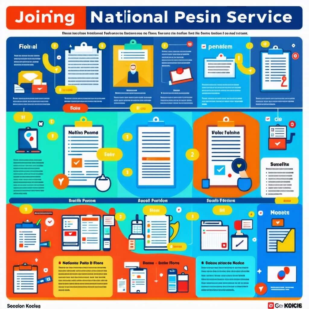 연금 가입 안내: 국민연금 가입 방법을 설명하는 인포그래픽 스타일의 이미지. 단계별로 설명이 포함된 디자인.