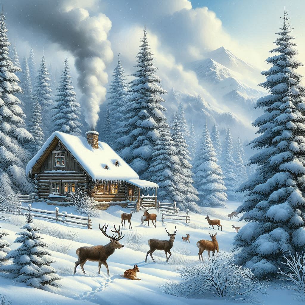 눈이 많이 숲속의 풍경 그리고 오두막집, 그리고 사슴들의 모습이 담겨있는 이미지