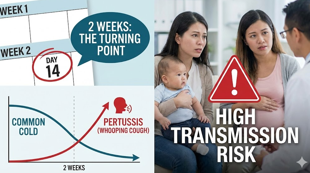 기침 2주(14일) 분기점과 감기 vs 백일해 증상 경로를 비교한 인포그래픽, 높은 전파 위험 강조